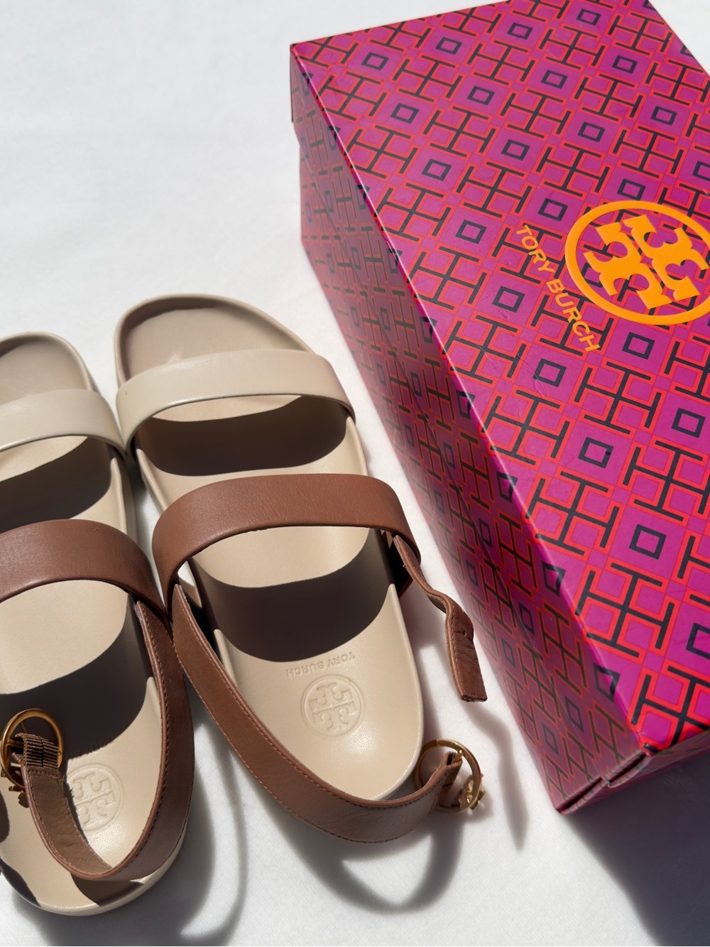 Tory Burch Beige and Brown Leather Slide Sandals with Gold Buckle